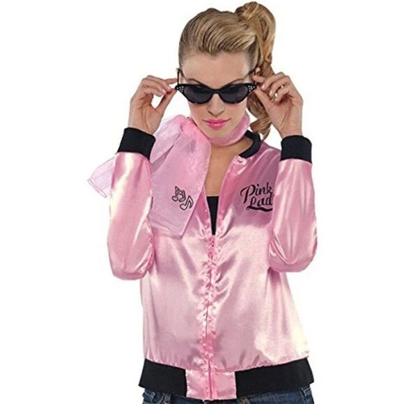 Adult Pink Ladies Satan Jacket and Scarf Set Fabulous 50's Pink Satan NWT - Picture 1 of 6